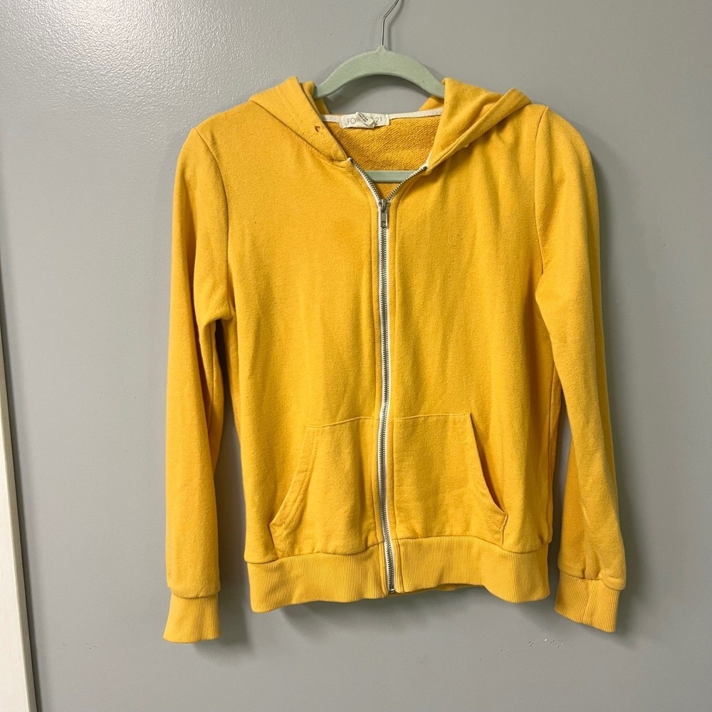 Forever 21 Womens Mustard Yellow Zip Up Hoodie Fleece Sweatshirt Small